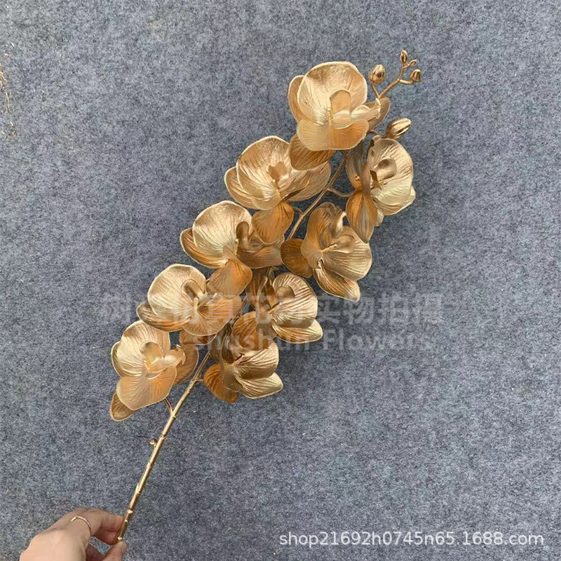 Flor de simulación dorada Phalaenopsis flor dorada de Año Nuevo 3 hortensias de madera flor de plástico dorado hoja dorada material de flor dorada