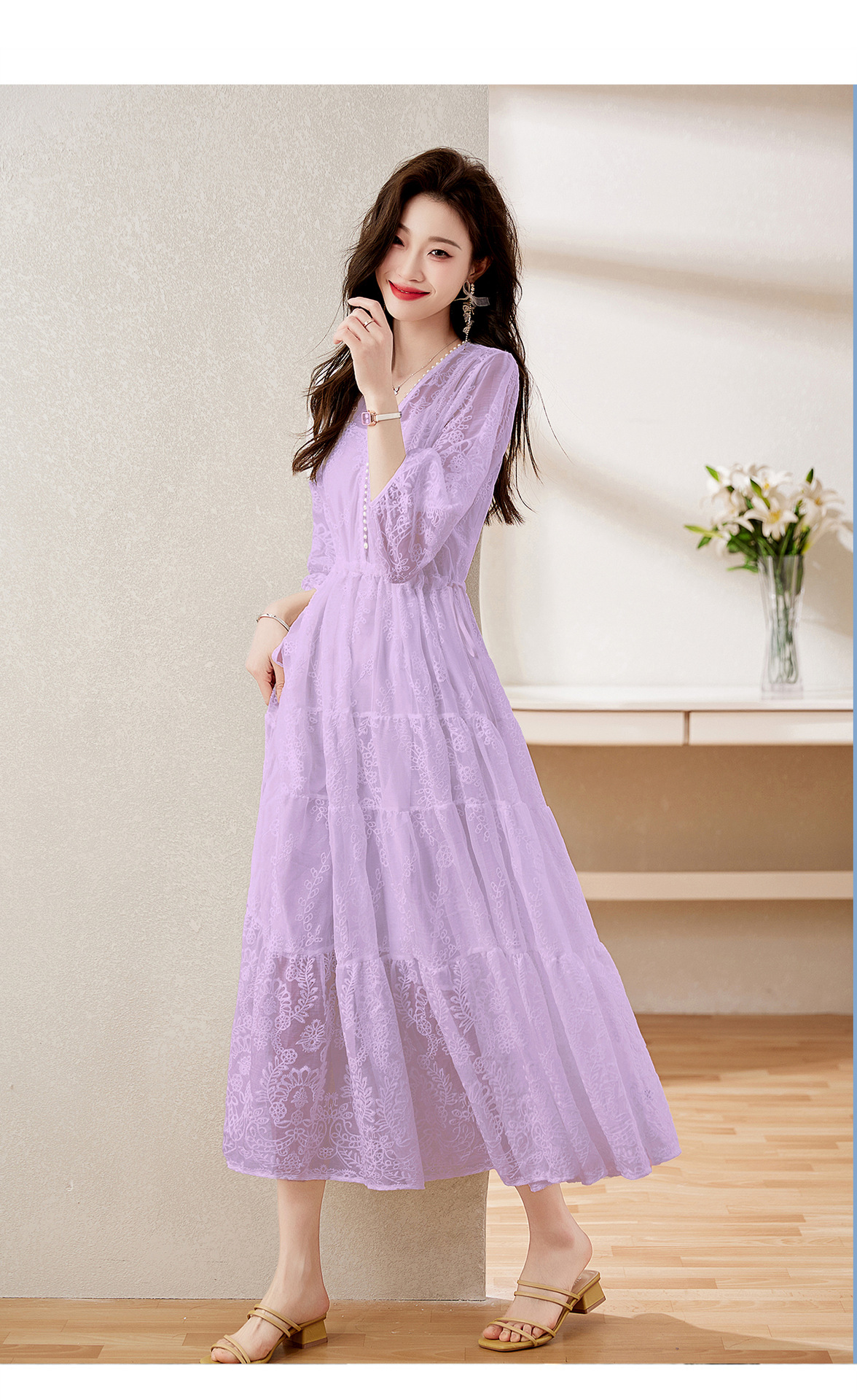 Đầm maxi nữ cổ V thắt eo dáng dài thanh lịch NY1608 — xanh lam, màu tím, màu vàng chi tiết 31
