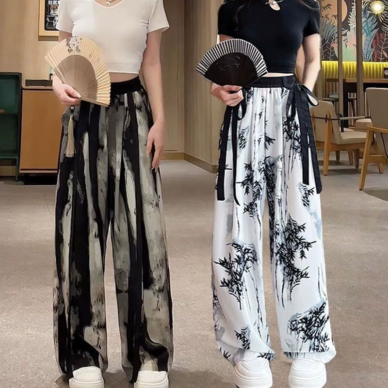 Широкие штаны Guo Feng с чернилами и принтом женские летние 2025 тонкие брюки с высокой талией