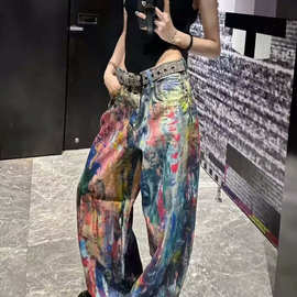 美式复古水洗泼墨油画调色盘牛仔裤子女2025春辣妹3D彩印拖地长裤