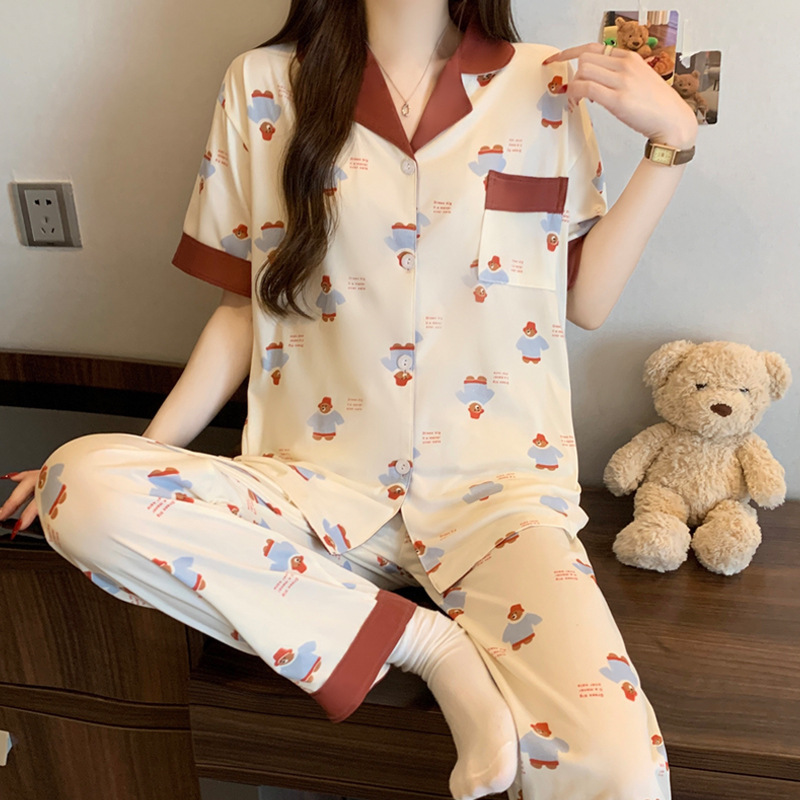 Fun Cartoon Short-Sleeved Long-Pants Pajamas, Summer Imitation Cotton Cardigan, High-Looking and Cute Home Clothes That Can Be Worn Outside, Wholesale Fun Cartoon Short-Sleeved Long-Pants Pajamas, Summer Imitation Cotton Cardigan, High-Looking and Cute Home Clothes That Can Be Worn Outside, Wholesale