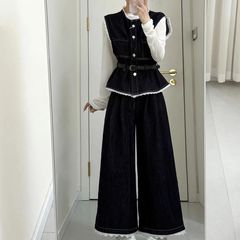2025春夏新款高级感牛仔套装女长袖打底蕾丝拼接马甲阔腿裤两件套
