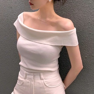 Korean chic Summer Elegant Small Sexy off-shoulder Collar Slim-fit Slimming Striped Short-sleeved Sweater Top for Women