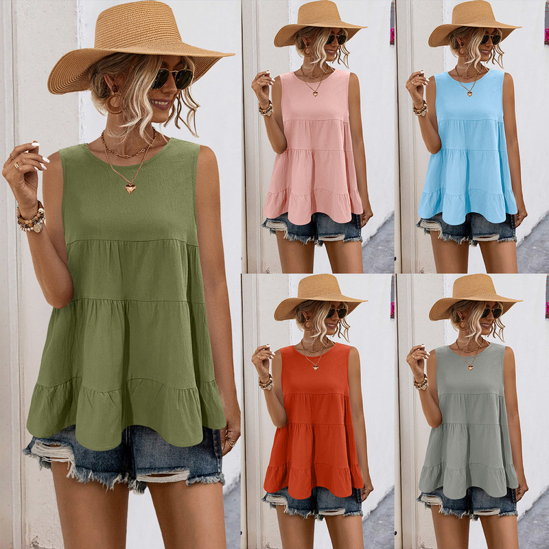 2021 spring and summer cross-border eaby Amazon popular round neck sleeveless stitching loose large swing casual top