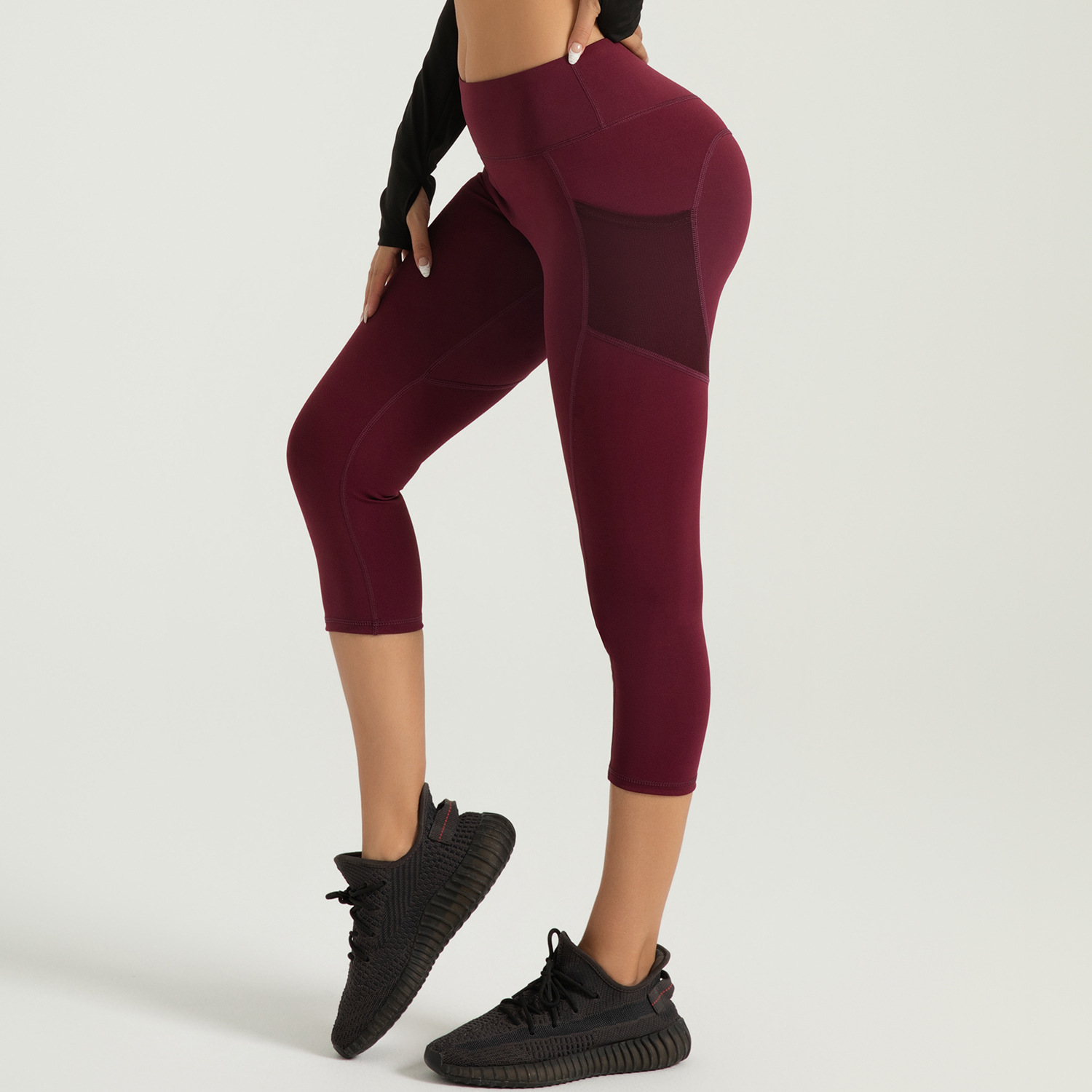 Pocket lateral de la sala de vestir de siete puntos de pantalones de cintura alta de gimnasio para mujeres, pantalones de gimnasio de alta cadera de melocotón, pantalones deportivos, pantalones de calzado