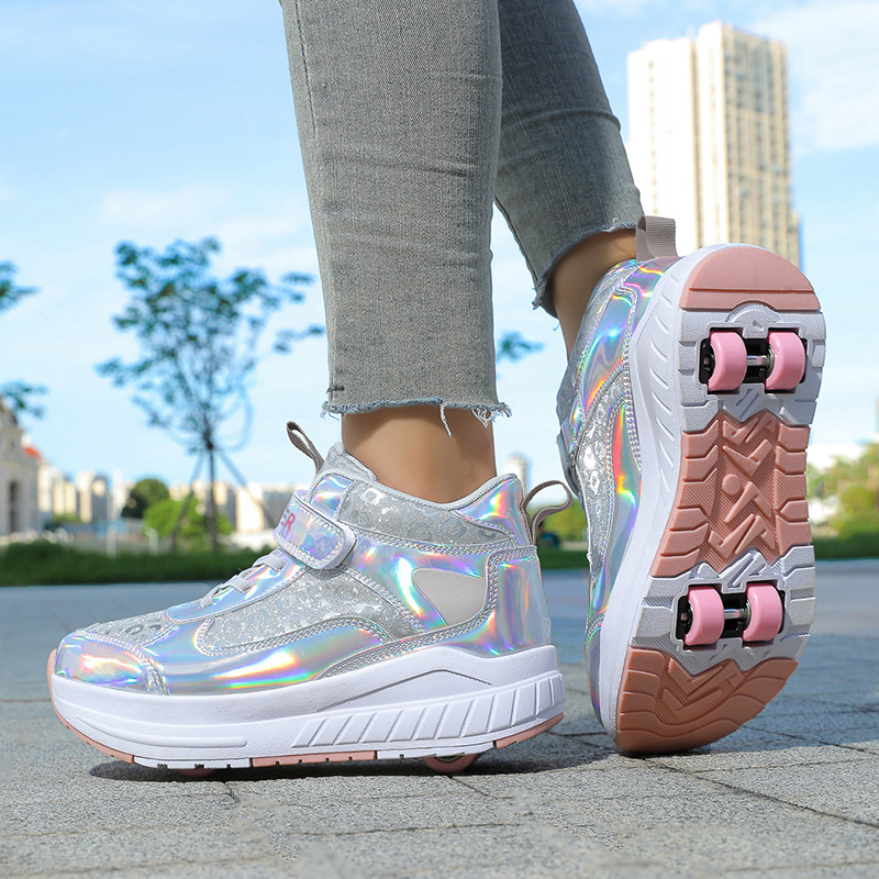 Two-wheeled Row Mob Shoes Four-wheeled Girls' Pulley sneaker Student Deformation Skating Roller Skates Teenagers Explosive Walking Shoes