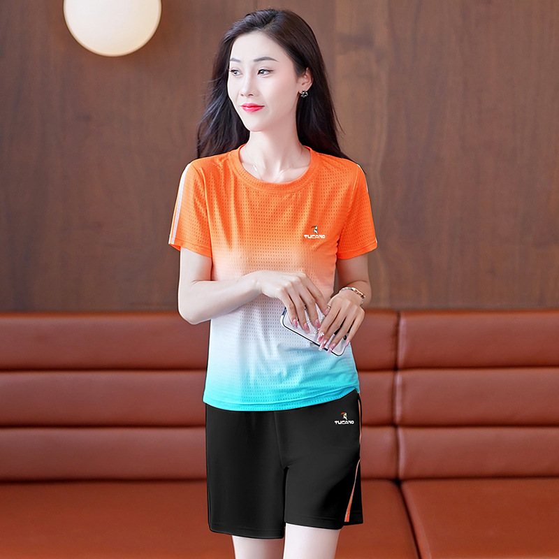 Ice Silk Sports suit Women's Summer 2024 New Quick-drying Tennis Suit Breathable Short-sleeved Shorts Running Two-piece Set