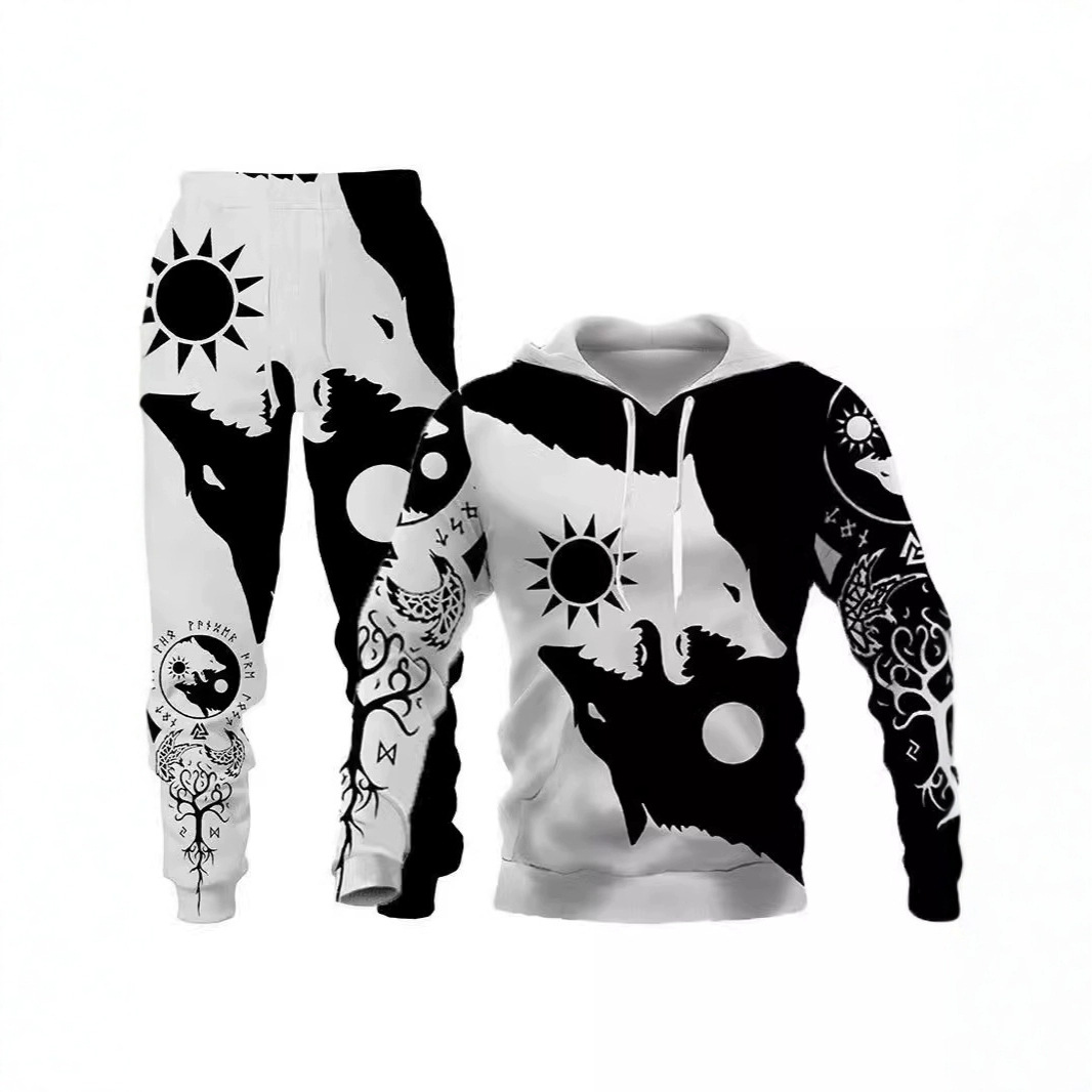 2025 cross-border new wolf 3D printed hooded vests suit spring and autumn Europe and the United States men's pullover vests factory wholesale