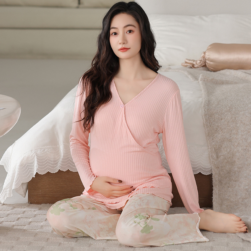 Spring and Summer Postpartum Clothing with Breast Pads, Long-Sleeved Pants, Pajamas, V Neck Modal Cotton Maternity Nursing Clothes, Home Clothes for Women