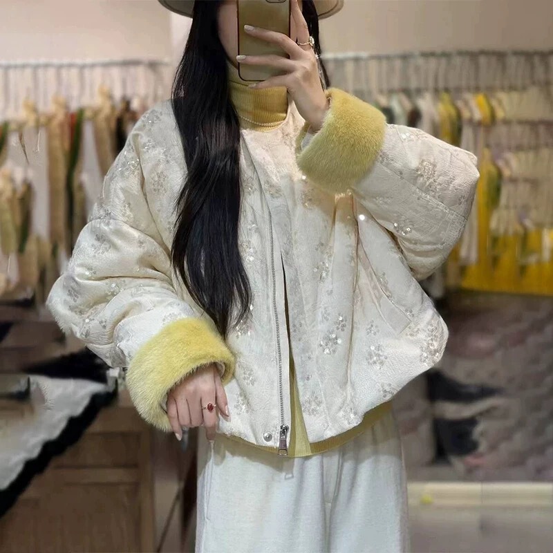 Chinese style heavy industry sequin down jacket women's short 2024 winter new European mink velvet stitching warm coat