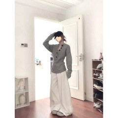 套装女2025春季新款韩系气质软糯半开领针织上衣高腰显瘦阔腿裤潮