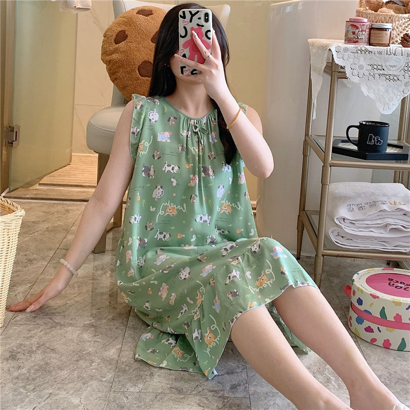 2025新款人造棉睡裙女夏季薄款绵绸印花孕妇可外穿长裙家居服|undefined