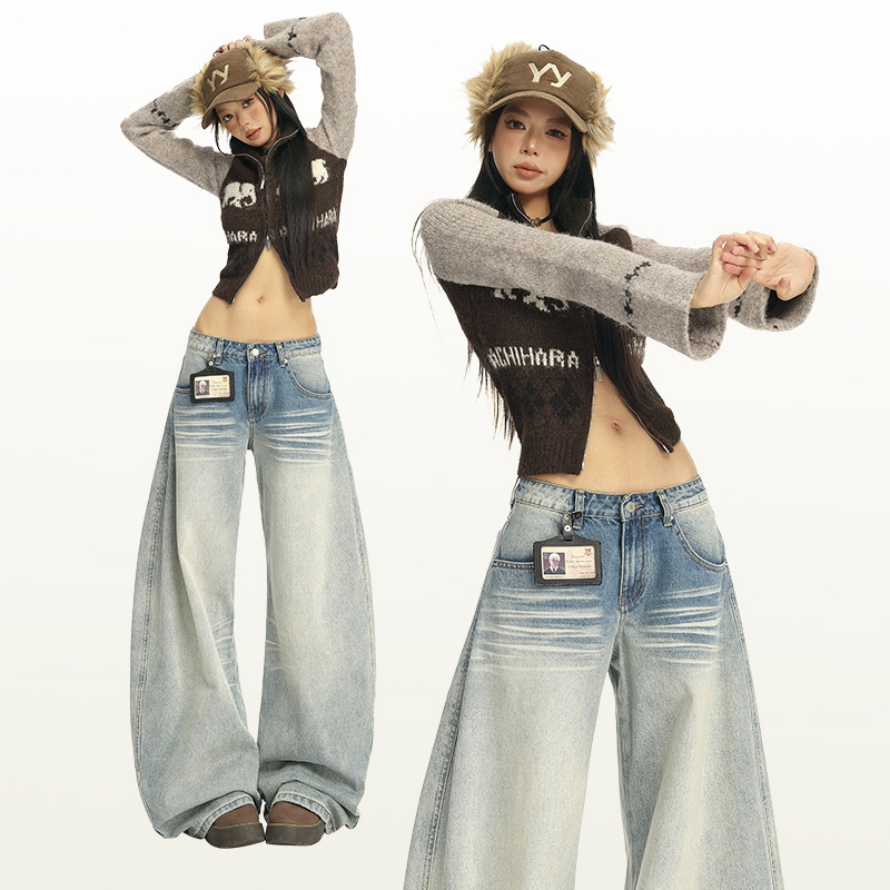 Light Washed Low-Waist Straight Jeans for Women 2025 Autum New High Street Loose Silhouette Scimitar Wide-Leg Pants