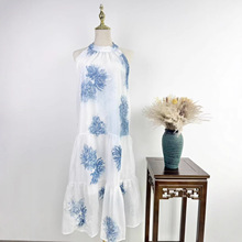 云南大理丽江扎染连衣裙挂脖长裙宽松无袖重工刺绣提花显瘦独特