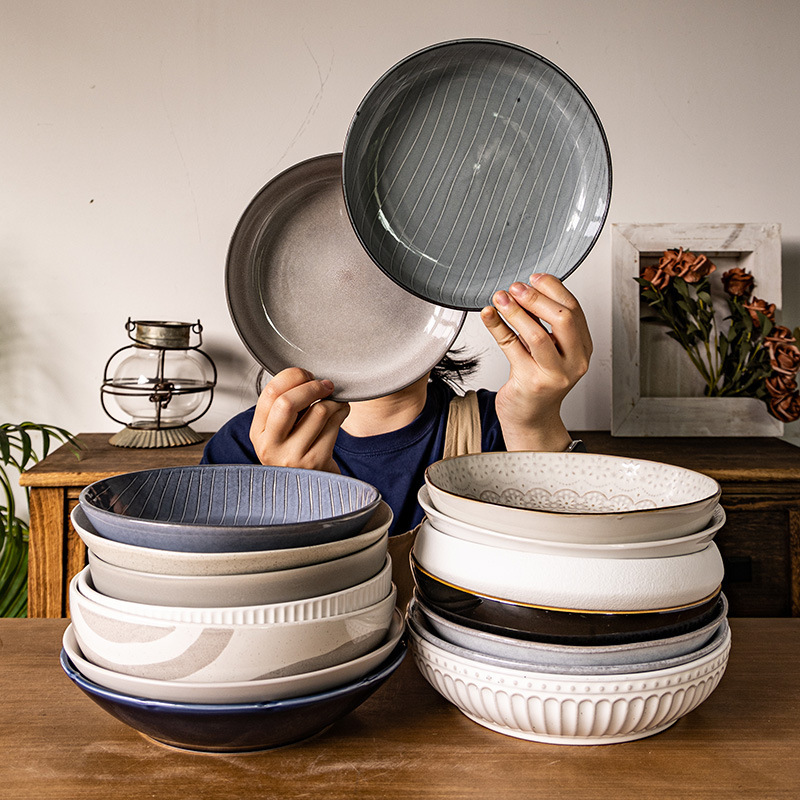 Deep plate collection ~ ceramic large capacity retro 8-inch round dish pasta plate soup plate dish slightly flaw