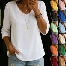 2026亚马逊欧美跨境夏季新款简约百搭纯色V领七分袖T恤宽松上衣女