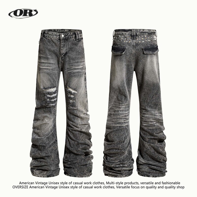 OREETA American high street style micro-flared jeans for men and women, vintage distressed straight slim-fit stacked pants