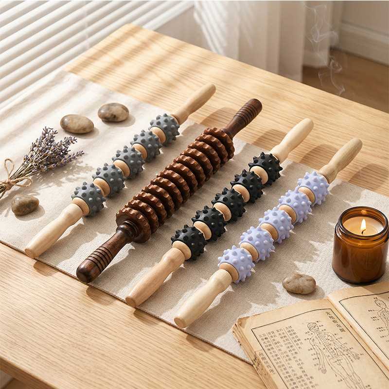 Wooden Roller Massage Stick for Back, Waist, and Cervical Spine Muscle Relaxation, Wooden Handheld Yoga Stick, Muscle Rolling Stick