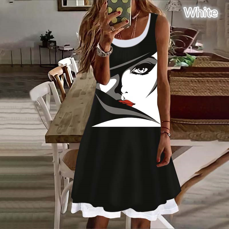 Casual Fashion Printing Round Neck Sleeveless Printing Polyester Knee-Length Tank Dress