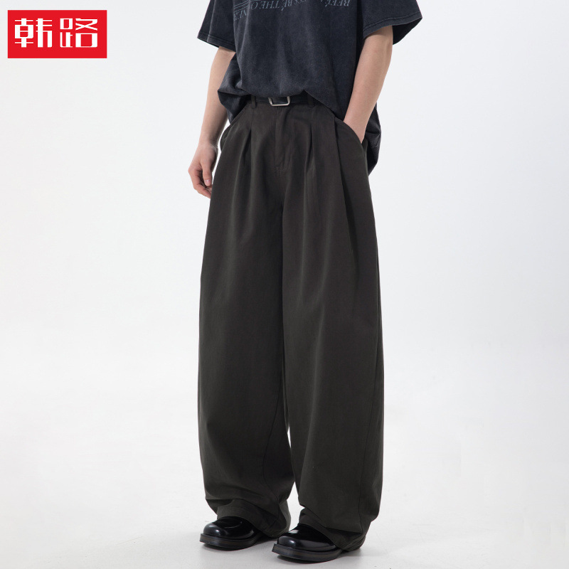 Washed Pure Cotton Casual Pants for Men, New Spring Style, Double Pleated Pockets, Loose Fit, Straight-Leg Pants, Vintage Texture Long Pants