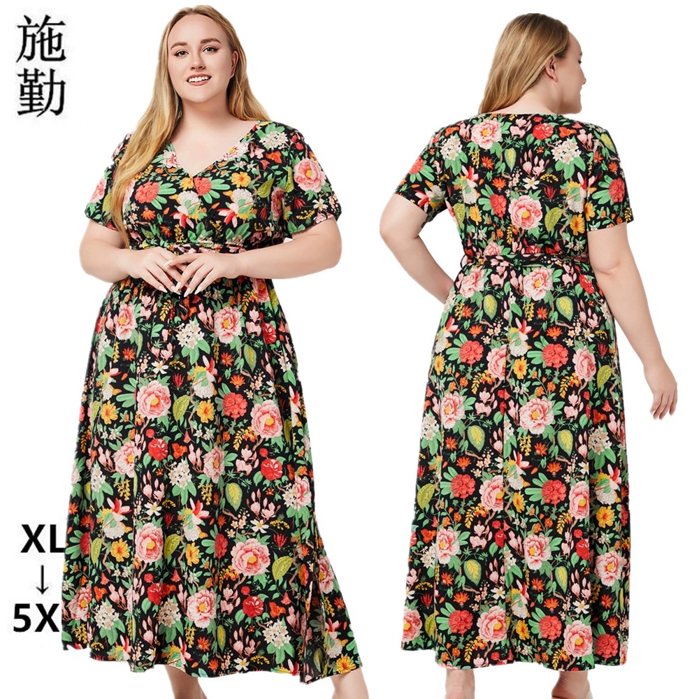 Европейская и американская трансграничная женская одежда больших размеров 2024 года, летнее Новое богемное платье с V-образным вырезом и короткими рукавами и принтом, большие качели