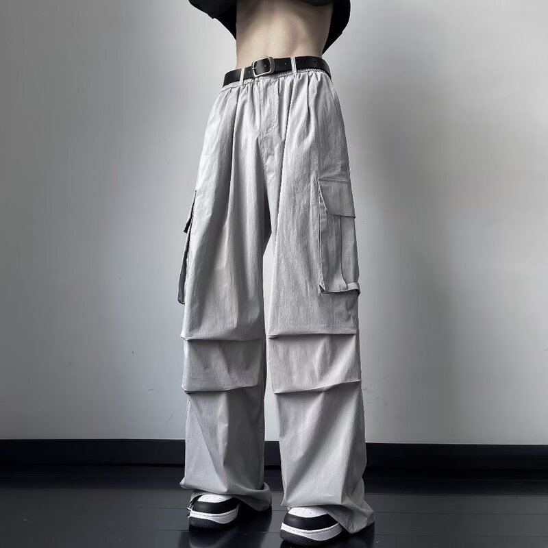 American retro spring and autumn functional style loose wide-leg casual pants large pocket overalls men's pleated mop pants