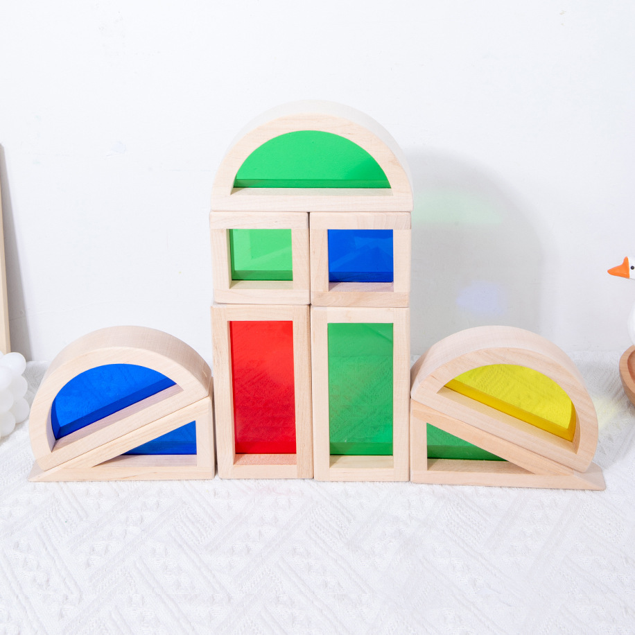 Madera sólida granular acrílica de madera para niños arcoíris bloques de construcción de bebés creativos para construir juguetes transparentes