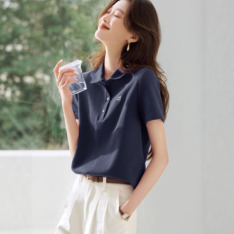 コントラストカラー刺繍半袖ポロカラーシャツレディースTシャツ夏甘い年齢軽減気質ラペルポロシャツトップ|undefined
