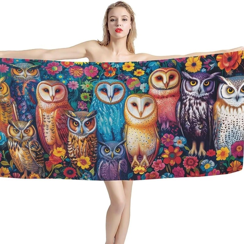 Owl Floral Beach Towel Plaid Soft Microfiber Bath Towel Lightweight Compact Travel Spa Surfing Towel