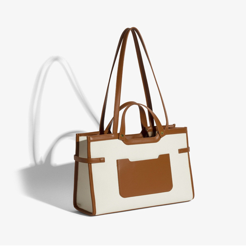 Foreign Trade Bag Women's Large Capacity Double Handle Magnetic Buckle Top Shoulder Tote Bag Handbag PU Canvas Spliced in stock