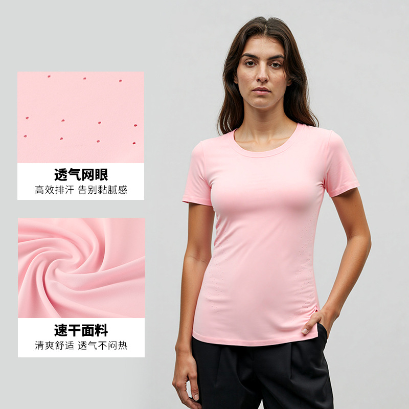 Comercio exterior transfronterizo de Europa y América al aire libre ropa de secado rápido de mangas cortas de mujer blusa transpirable ligera suelta delgada camiseta de yoga de cuello redondo