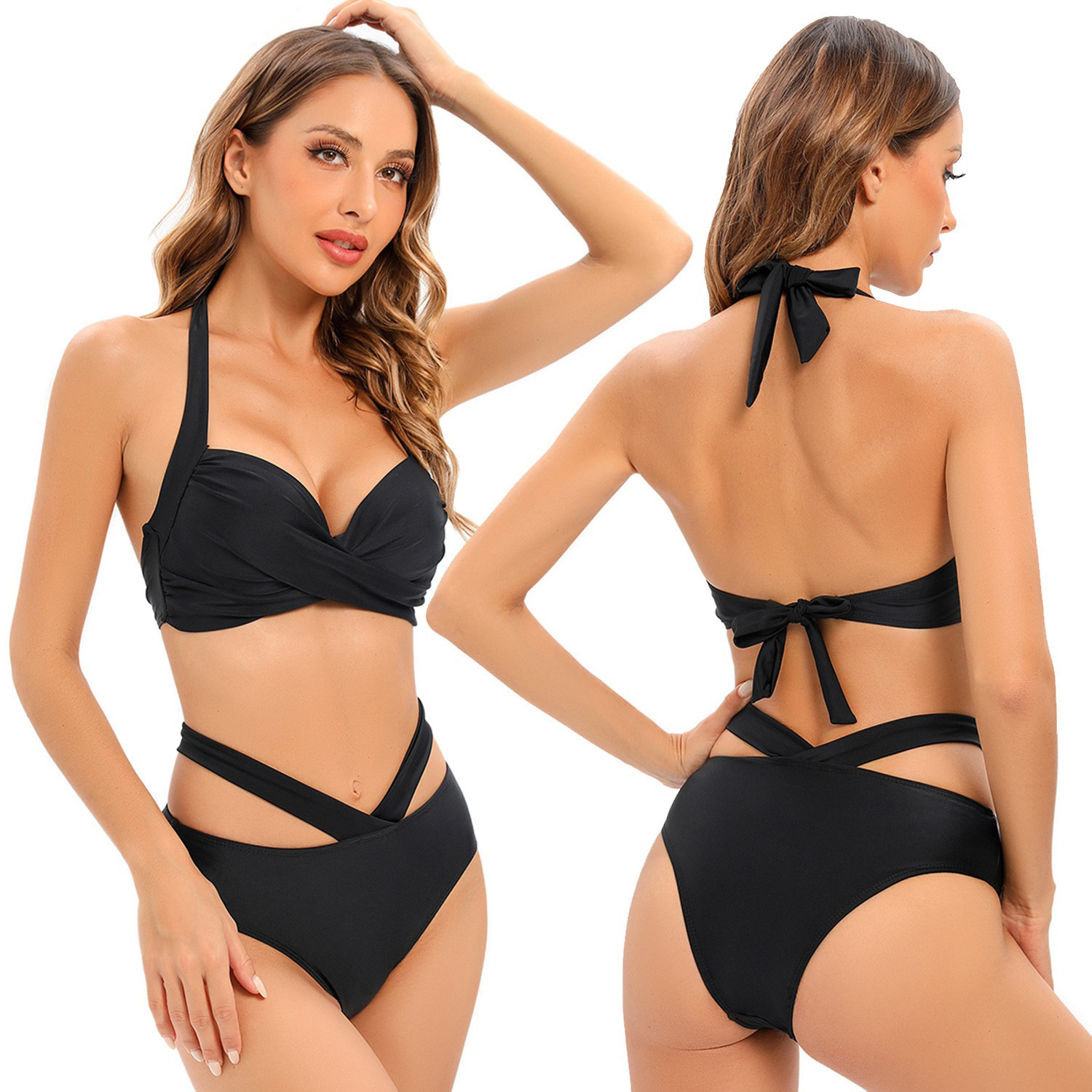 Traje de baño de dos piezas con cuello halter de Amazon para mujer, bikini con copas cruzadas, traje de baño sexy con espalda descubierta