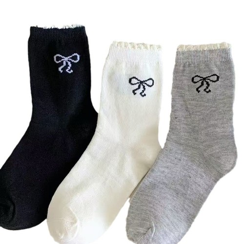 Breathable bubble mouth bowknot women's spring and winter versatile thin crew socks sweat absorbent stack socks