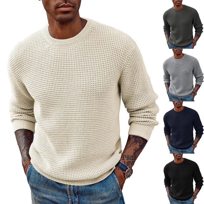 Amazon New Solid Color Crewneck Sweater Pullover Sweater European and American Men's Long Sleeve Pullover Sweater Top