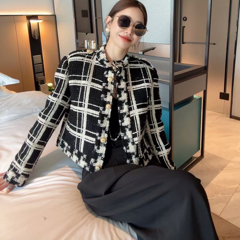 时尚小立领格子印花长袖单排扣百搭气质外套上衣欧美女装秋冬2025