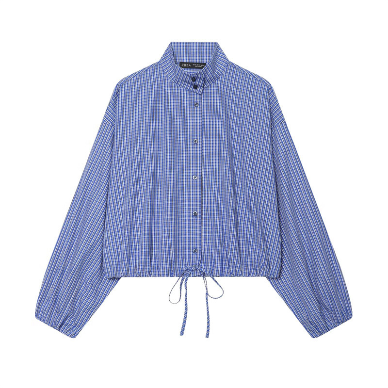 Unizera Women's Clothing 2026 Summer New Product Long-Sleeved High-Neck Balloon Sleeve Drawstring Plaid Shirt for Women 7484059