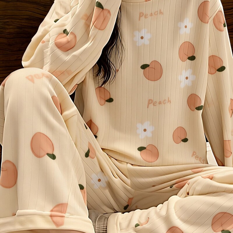 Autumn and Winter Pajamas Set, Cartoon Printed Pit Top with Loose Pants, Comfortable Two-Piece Set for Home