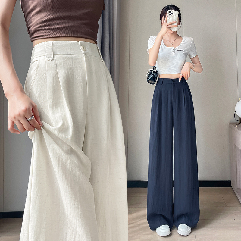 Summer Linen Wide-Leg Pants for Women 2026 New Thin Style Semi-Elastic Waist Slimming Straight-Leg Suit Floor-Length Pants