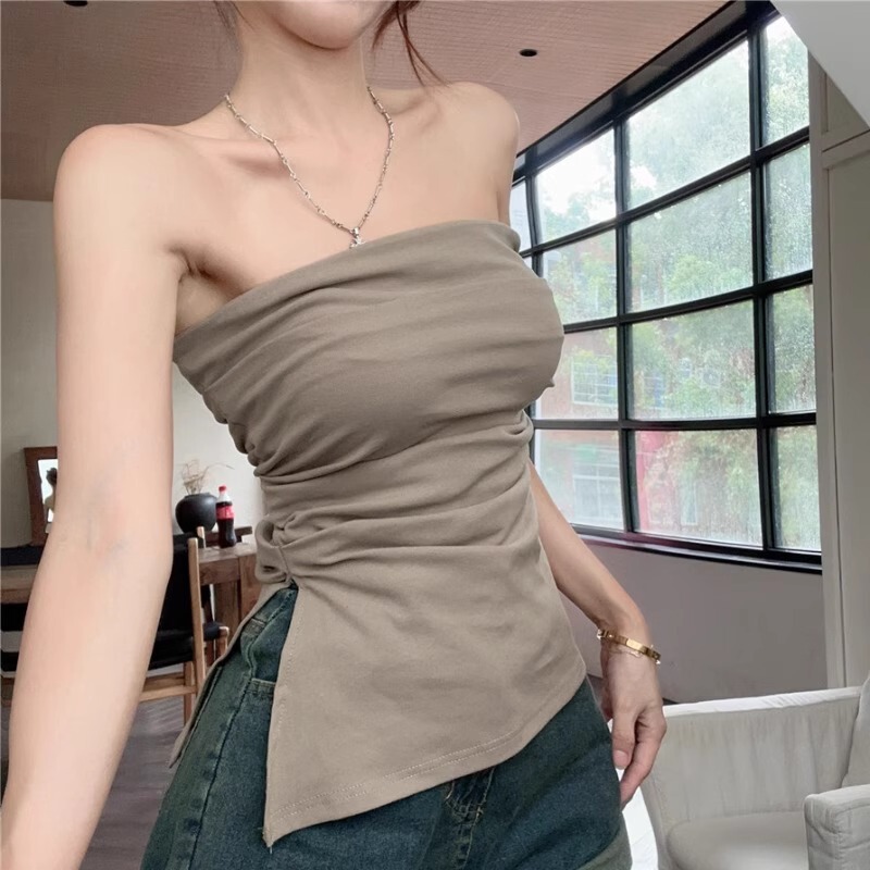 Sexy Tube Top for Summer, Sleeveless Vest for Women, with a Unique Design, Irregular Slit, Waist-Cinching, Inner Layer, and Wrap-Around Top