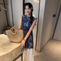 [ダークフレグランス] 2025 新スタイルジャカード新中国風トップス女性の夏のノースリーブオードチャイナトップス