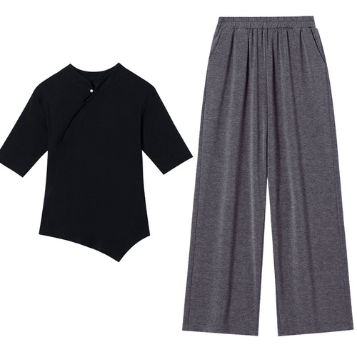 Classic dance attire: women's trendy cheongsam-style top with mandarin collar, paired with wide-leg, straight-cut pants featuring functional pockets.