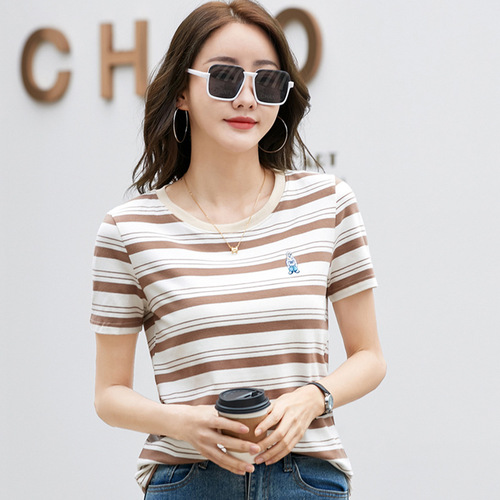 399 K-Pop Striped Cotton Short-Sleeve T-Shirt for Women - Summer Casual Fashion, Unique Design with Embroidered Bear, Loose-Fitting Top