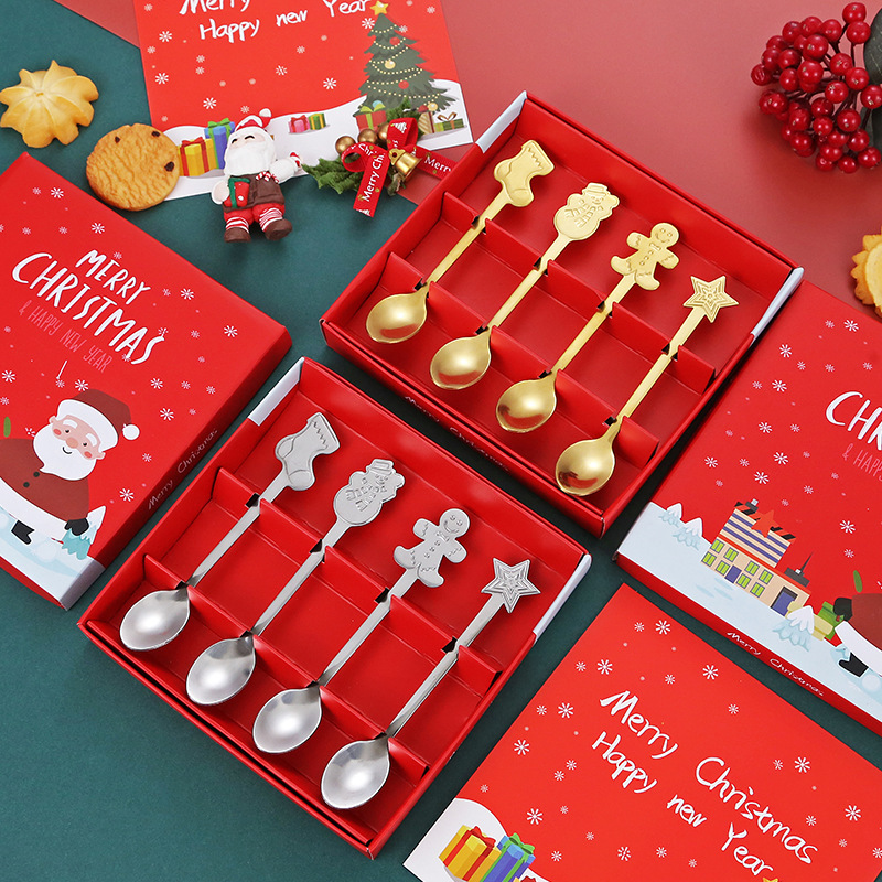 Cross-border stainless steel Christmas tableware spoon creative coffee holiday gift box cute suit cartoon Pancake Man spoon