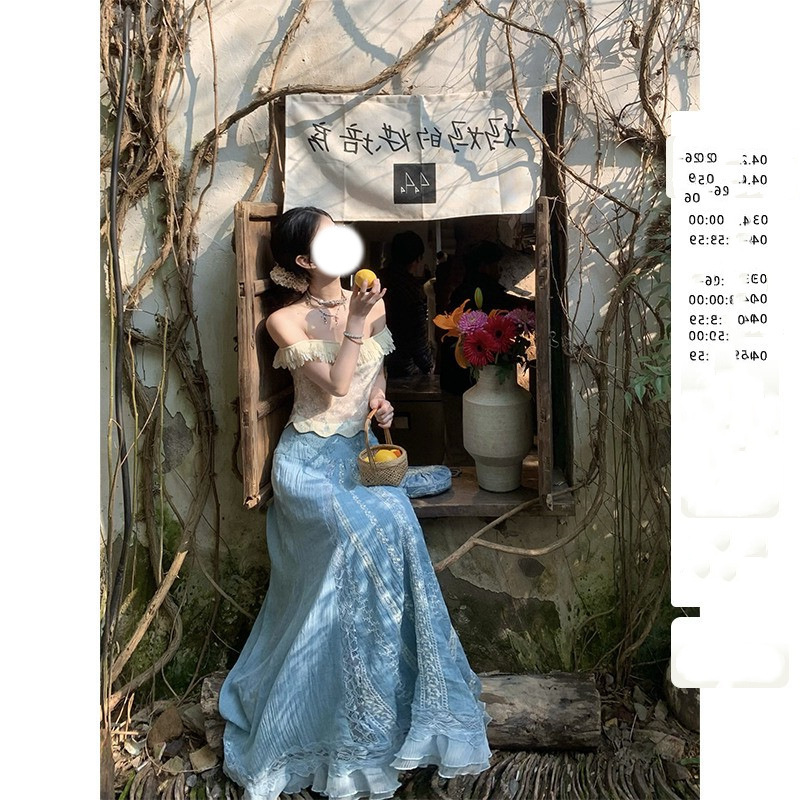 New Water Cheese-Vacation Floral Lace off-Shoulder Top Long Lightweight Embroidered Skirt