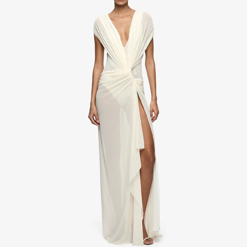 European and American Style Sexy Deep V-Neck Mesh Dress for Women, with Twist Waist Design, High Slit, Floor-Length Gown, Evening Party Dress