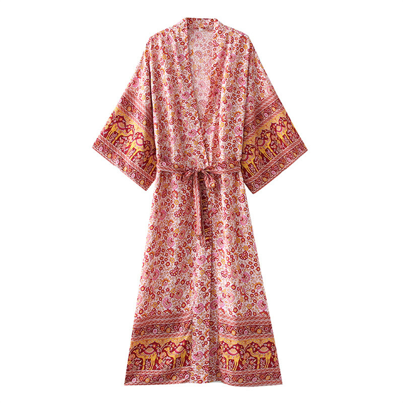 Cross-Border Exclusive European and American Style Cotton Rayon Watermark Print Tassel Long Lace-Up Kimono Dress Autumn Long Dress
