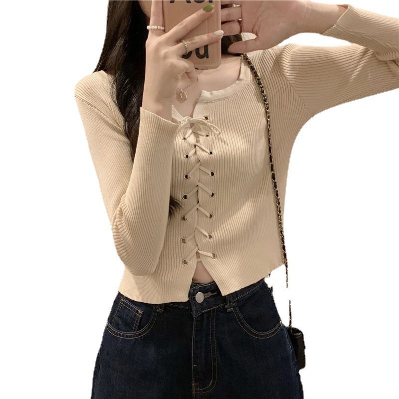 New Niche Design American Retro Knitwear Early Autumn Top Feminine Versatile Slimming Lace-Up Cardigan
