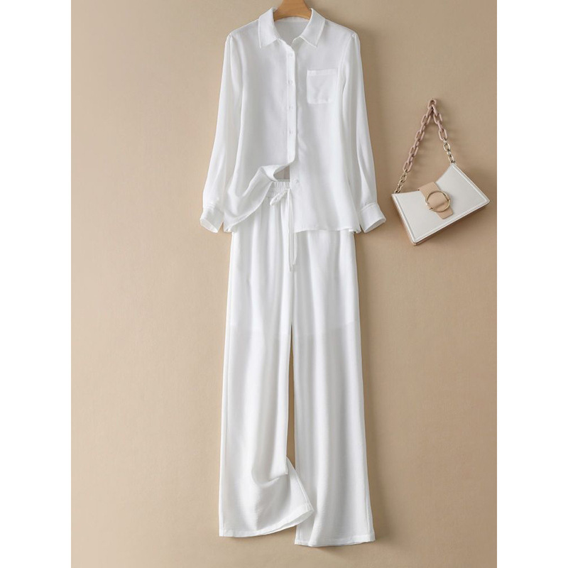 Old Money Style Fashion Set for Women, New Spring/Summer Relaxed Long-Sleeve Shirt and Wide-Leg Pants Two-Piece Set