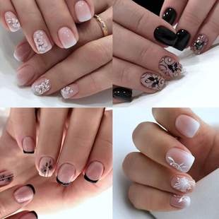 2025 New Cross-Border Dropshipping 96 Pieces (4 Packs) Black French Press Nails (Shiny Press Nails