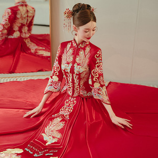 High-end Xiuhe clothing satin 2023 New Heavy Industry luxury Chinese bridal gown dragon and phoenix gown wedding dress summer out of court